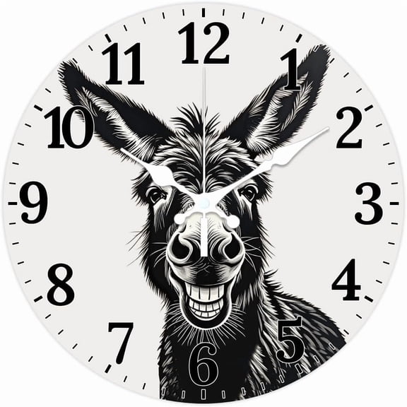 Funny Donkey Pattern Wall Clock 12 Inch Non-Ticking Clocks Black and White Woodcut Pattern Round Wall Hanging Clock Battery Operated for Bedroom Living Room Kitchen Office