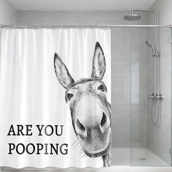 Funny Donkey Shower Curtain, 'Are You Pooping?' Farmhouse Bathroom Decor - Waterproof Washable Black & White Curtain with Hooks Included, Humorous Decor for Adult Homes