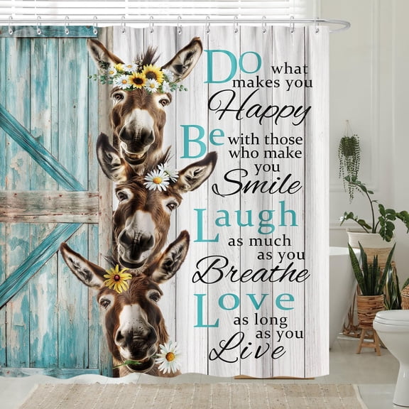 Funny Donkey Shower Curtain, Rustic Farmhouse Animals Inspirational Motivational Shower Curtains 72X72, Country Teal Turquoise Wooden Door Decorative Funny Bathing Shower Curtain Bathroom with Hooks