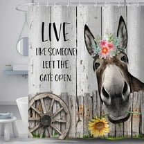 Funny Donkey Shower Curtain Set, Rustic Farm Animal Sunflower Inspirational Words Wooden Planks Country Farmhouse Barn Door Rural Motivational Polyester Fabric Bathroom Curtain 72x72Inch with Hook