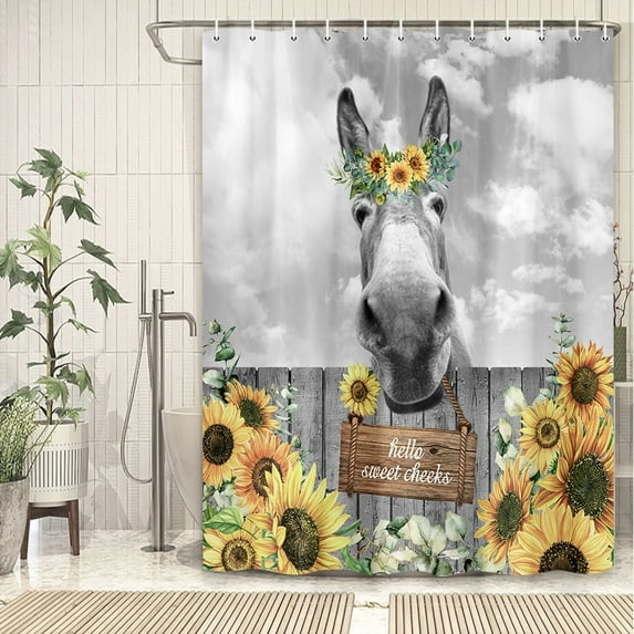 Funny Donkey Shower Curtains,Rustic Farmhouse Bathroom Curtains, Western Animal Vintage Sunflower Farm Floral Shower Curtain for Bathroom Decor,Waterproof Fabric Shower Curtain Set 72X72in