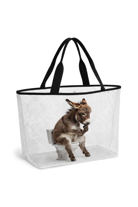 Funny Donkeys Beach Bag for Women, Large Breathable Mesh Beach Tote Bag, Cute Art Fun Lovely Animals on Toilets Sandproof Lightweight Travel Bags for Vacation Picnic Swimming Pool 15.7"x15.7"x9.1"