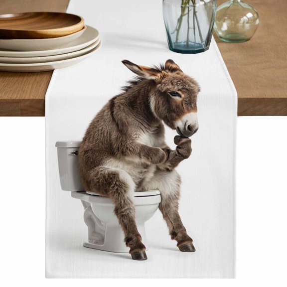 Funny Donkeys Table Runner, Cute Art Fun Lovely Animals on Toilets Washable Cotton Linen Table Runners 36 Inches Long, Dresser Scarf Runner for Nightstand/End Tables/Round Tables 13''x36''