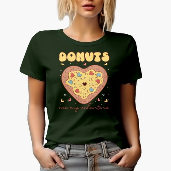 Funny Donuts Are My Valentine with a Heart Donut, Retro Valentine's Day Gift, Military Green T-Shirt, Large