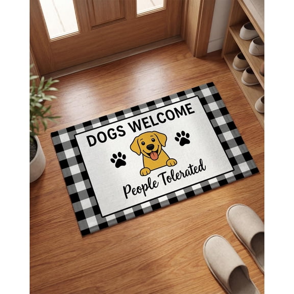 Funny Doormat 18x30 Inch Dogs Welcome People Tolerated Mat with Buffalo Plaid Border Non Slip Front Door Rug for Porch, Entryway or Indoor Outdoor Farmhouse Decor, Dog Lovers Gift