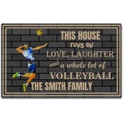 Funny Doormat Custom Personalized Door Mats Volleyball Welcome Entrance Floor Mats Rubber Non Slip Backing Entry Way Rugs Indoor Outdoor Housewarming Gifts, The House Run On Love, 30 x 18 Inch