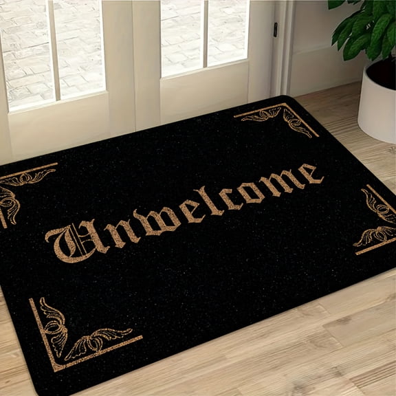 Funny Doormat with Flannel Thick Sponge Material, Black Background with Golden Border And Decorative Patterns, Unwelcome Letters in Gothic Font Style, Suitable for Bedroom