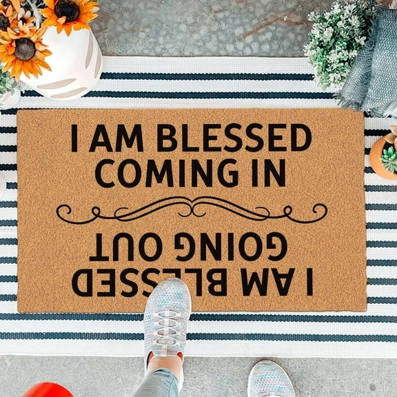 Funny Doormat - Front Door Entryway Mat, Brown, 29.5 x 17 inch - Heavy Duty Welcome Mat - House Warming Gift - 'I Am Blessed Coming in and Going Out'