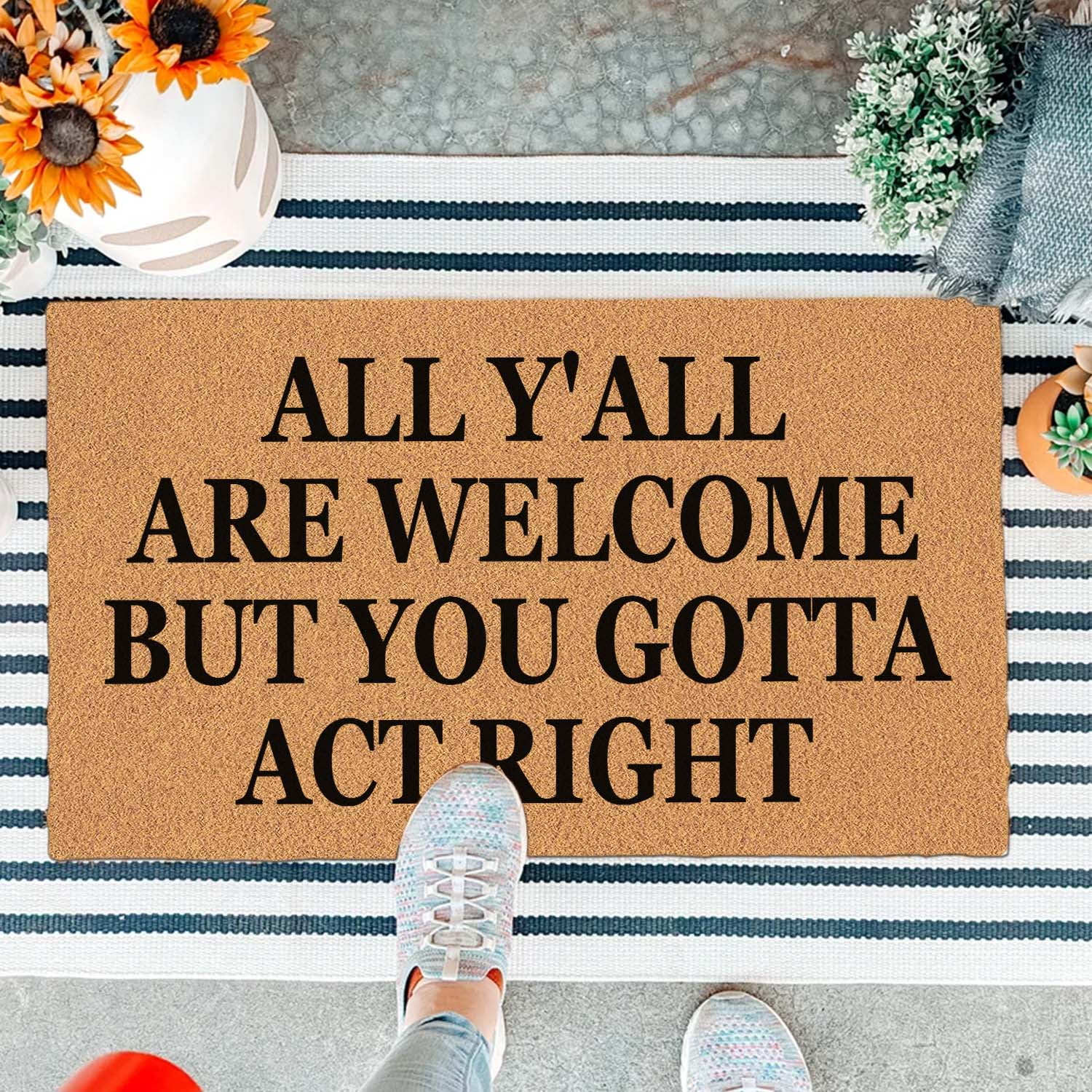 Funny Doormat Front Door Mat Entryway Outdoor Mat with Heavy Duty Front Porch Welcome Mats Entry Brown Mat House Warming Gift Mat 29.5 x 17 inch (All Y'all are Welcome)