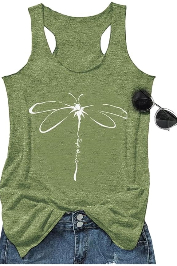 Funny Dragonfly Printed Tank Tops for Women Summer Boho Wildflower Graphic Racerback Tank Cami Medium