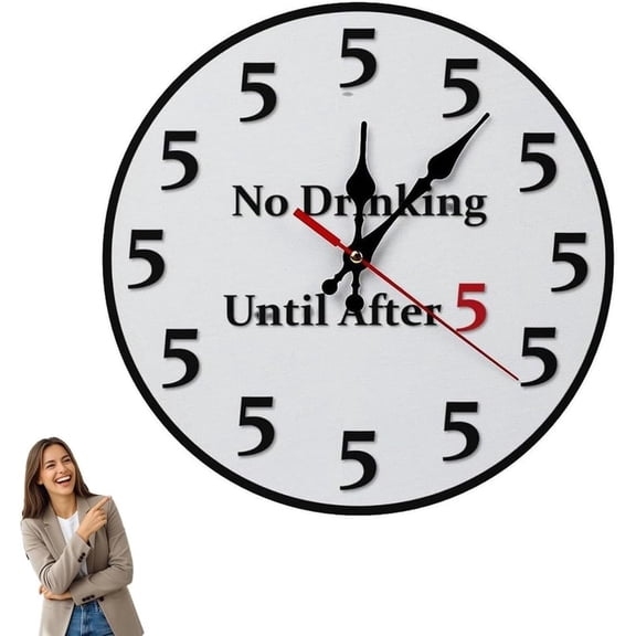 Funny No Drinking Until After 5 Design Clock, 10/12 Inch Novelty Silent Analog Non-Ticking Round Wall Clock, Home Decor Gift for Office Kitchen Living Room Bedroom Bedroom (10in)
