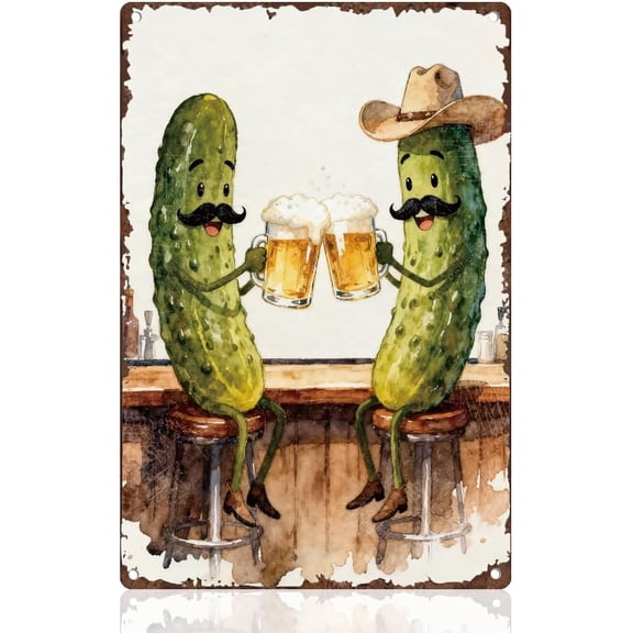 Funny Drinking Beer Tin Sign Retro Metal Wall Decor 8" x 12" Vintage Cute Pickles with Mustaches Having A Beer In The Pub Wall Art Poster for Home Room Cafes Bar Kitchens Man Cave Decor