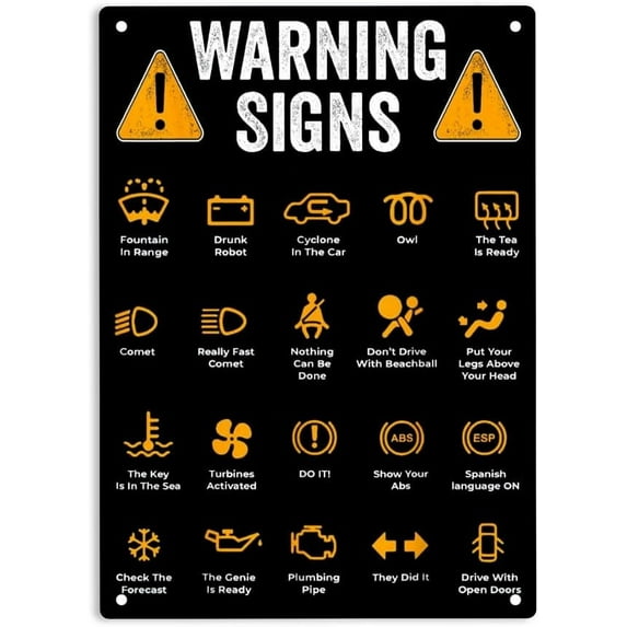 Funny Driving Warning Lights Signs Mechanics Funny Sarcastic Sign Metal Tin Signs, Car Warning Signs Cheatsheet Poster for Home Office Wall Decor Plaque Sign 12x8 Inch