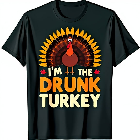 Funny Drunk Turkey Cartoon T-Shirt for Thanksgiving Black Tee with Wattle Design