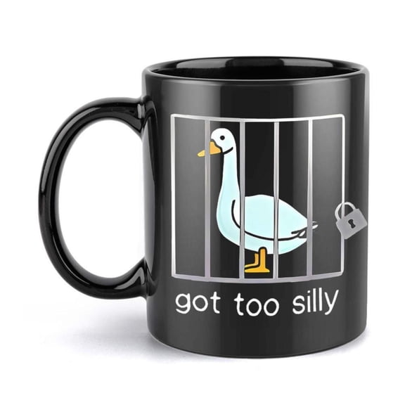 Funny Duck in Cage Coffee Mug Black Cup with Got Too Silly Text 11oz Ceramic Cup Hot Beverages Birthday or Housewarming Adults Teens No Assembly Needed Humorous Drinkware Playful Design Sleek Finish