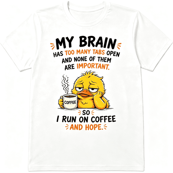 Funny Duck Coffee T-Shirt for Men Women, Cute Meme Graphic Tee “My Brain Has Too Many Tabs Open” Humorous Duck Lover Gift Casual Everyday Shirt