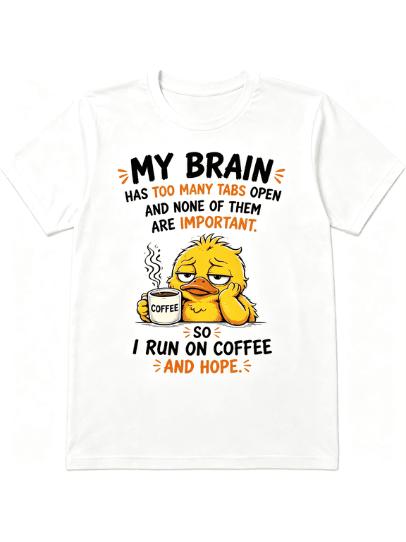 Funny Duck Coffee T-Shirt for Men Women, Cute Meme Graphic Tee “My Brain Has Too Many Tabs Open” Humorous Duck Lover Gift Casual Everyday Shirt