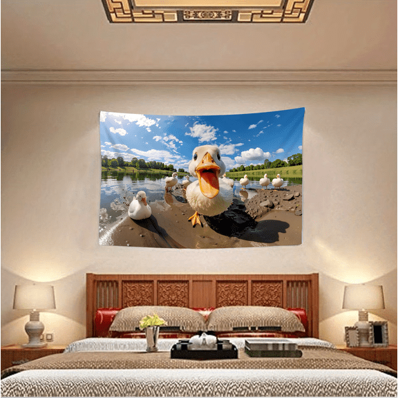 Funny Duck Face Fish Eye Lens Tapestry - Cute Laughing White Duck by the Lake, Humorous Animal Photography, Quirky Nature Wall Art for Kids Room, Living Room, Dorm
