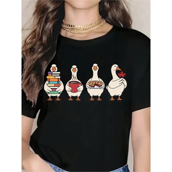 Funny Duck Family T-Shirt With Books, Coffee, Pizza, And Maple Leaf - Cute Cartoon Duck Design For Women And Men, Perfect For Casual Wear, Gift Idea For Book Lovers, Coffee