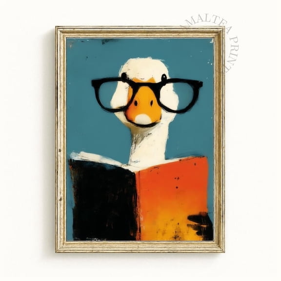 Funny Duck Reading Book Poster – Cute Nerd Goose Wall Art Print, Playful Classroom & Kids Room Decor 8x12 UNFRAMED