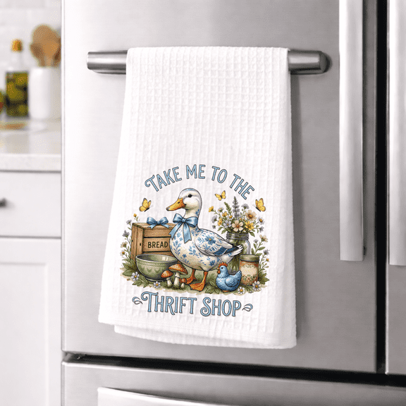 Funny Duck Thrift Shop Kitchen Dish Towel  Farmhouse Cottage Decor, Waffle Weave 16x24