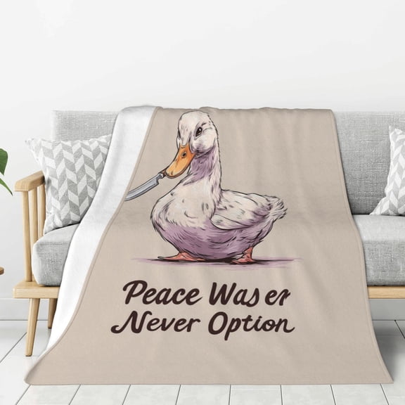 Funny Duck with Knife Blanket, Peace Was Never An Option Meme Art, Soft Flannel Fleece, Quirky Satirical Gag Gift for Gamers and Adults 50x40