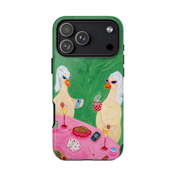 Funny Ducks Having Brunch Phone Case, Aesthetic Green Whimsical Goose Coffee Cover for iPhone 17 16 15 14 13 12 11 Plus Pro Max Mini