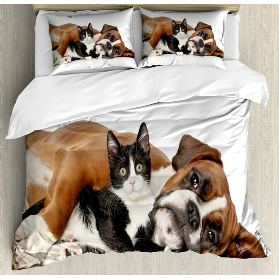 Funny Duvet Cover Set, Cat and Dog Cuddling Lying on Floor Friendship Theme Animals Togetherness, Decorative 3 Piece Bedding Set with 2 Pillow Shams, King Size, Brown Black White, by Ambesonne