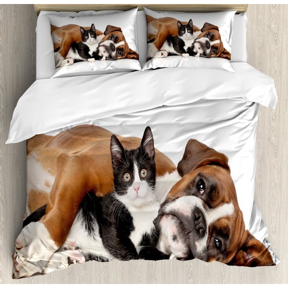 Funny Duvet Cover Set, Cat and Dog Cuddling Lying on Floor Friendship Theme Animals Togetherness, Decorative 3 Piece Bedding Set with 2 Pillow Shams, Queen Size, Brown Black White, by Ambesonne
