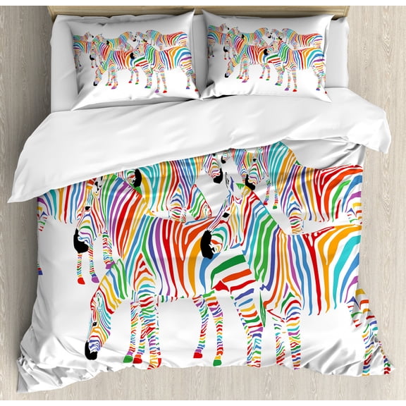 Funny Duvet Cover Set King Size, Colorful Cute Animal Herd with Rainbow Stripes Figure Digital Art Print Modern Safari, Decorative 3 Piece Bedding Set with 2 Pillow Shams, Multicolor, by Ambesonne