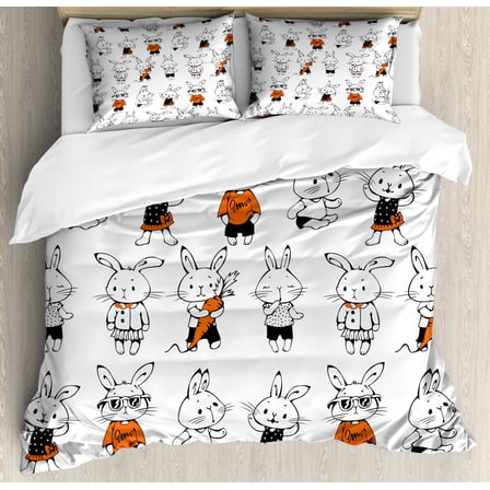 Funny Duvet Cover Set King Size, Cute Retro Bunny Rabbits with Costumes Jack Hare Funky Bunnies Carrot Sketch Style, Decorative 3 Piece Bedding Set with 2 Pillow Shams, Orange White, by Ambesonne