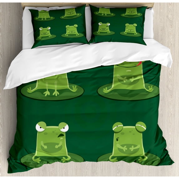 Funny Duvet Cover Set Queen Size, Funny Muzzy Frog on Lily Pad in Pond Hunting Tasty Fly Expressions Cartoon Animal, Decorative 3 Piece Bedding Set with 2 Pillow Shams, Hunter Green, by Ambesonne