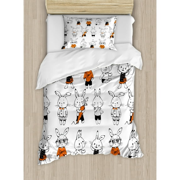 Funny Duvet Cover Set Twin Size, Cute Retro Bunny Rabbits with Costumes Jack Hare Funky Bunnies Carrot Sketch Style, Decorative 2 Piece Bedding Set with 1 Pillow Sham, Orange White, by Ambesonne