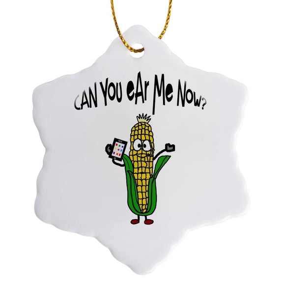 3drose, Funny Ear of Corn Talking on Cell Phone Can You Ear Me Now Pun, 3 inch Snowflake Porcelain Ornament