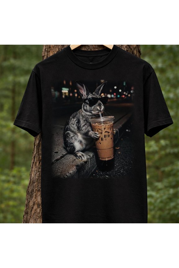 Funny Easter Bunny Drinking Iced Coffee Shirt, Funny Animal Meme Tee, Dark Humor GILDAN Unisex T-Shirt