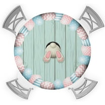 Funny Easter Bunny Egg Fitted Tablecloth for Round Table,Retro Wood Board Kitchen Waterproof Table Cover with Elastic Edge,Spring Farm Rabbit Circle Table Covers for Indoor Party 36-44in