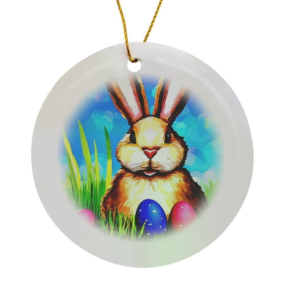 3drose, Funny Easter Bunny, Green Grass, Blue Sky, Painted Eggs Gift for You, Circle Porcelain Ornament
