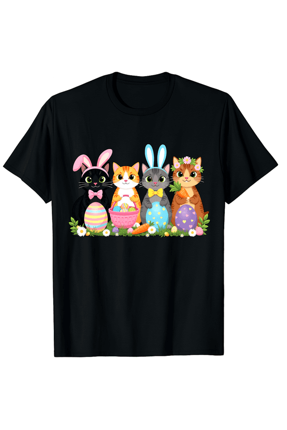 Funny Easter Cats Bunny Ears Carrot Eggs Basket Feline Spring Graphic Short Sleeve T-Shirt for Women Men Pet Lover