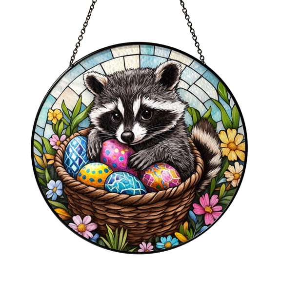 Funny Easter Raccoon Stained Glass Style Suncatcher Window Hanging Decor, Spring Raccoon With Eggs Decorative Glass Panel Art, Seasonal Window Ornament Cottage Style Home Decor Gift
