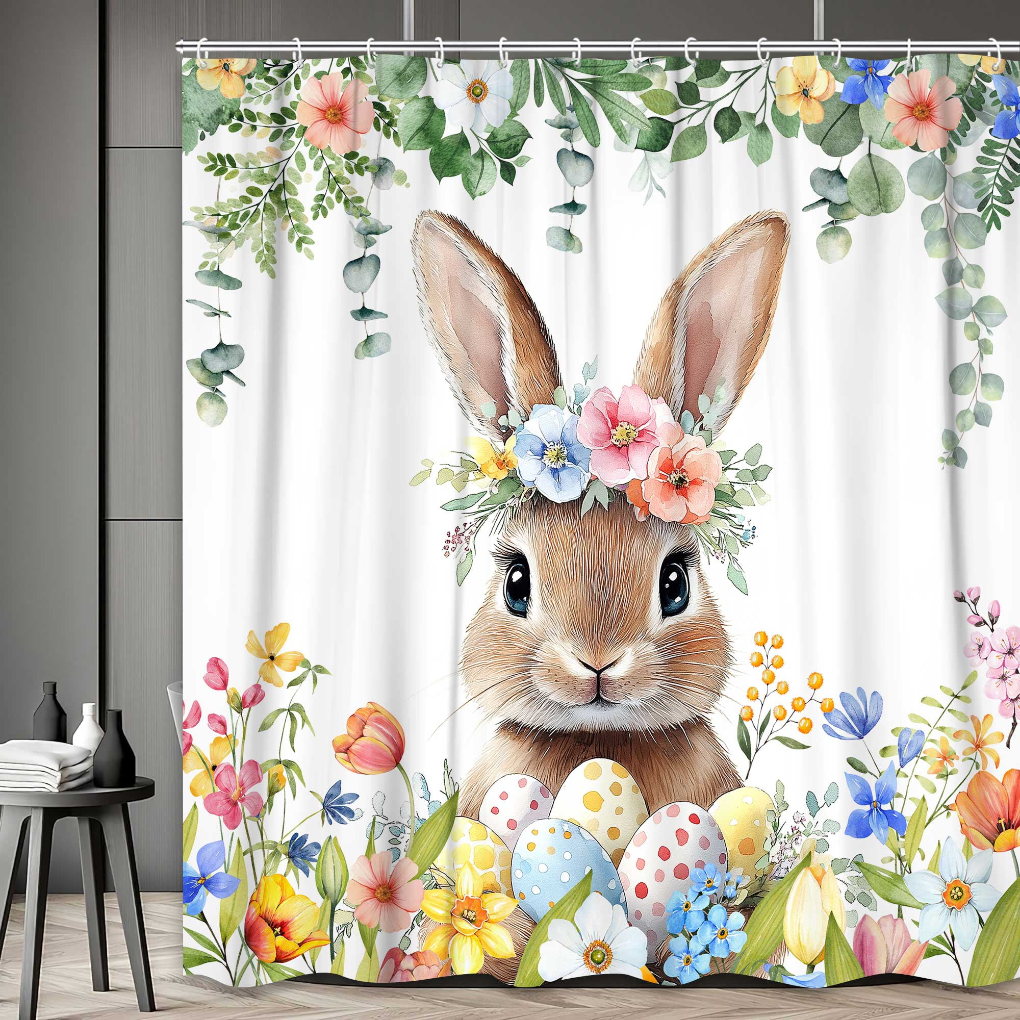 Funny Easter Shower Curtain, Fun Animals Bunny Green Eucalyptus Floral Rabbit Bath Curtain, Easter Flower Bathroom Accessories Colorful Eggs Bathroom Curtains Set Hooks,72X72in