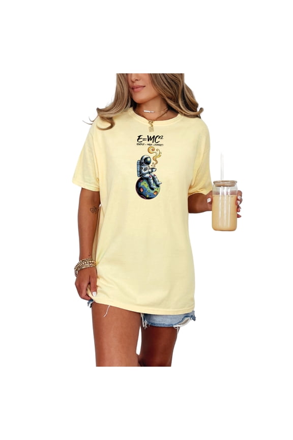 Funny Einstein Astronaut Coffee T-Shirt, E=MC Squared Parody Tee, Space Lover Gift, Science Humor Shirt, Unique Math Joke Tee, Genius Graphic, Butter Comfort Colors T-Shirt, Large