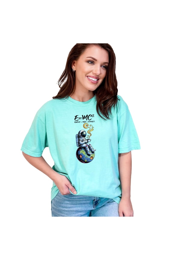 Funny Einstein Astronaut Coffee T-Shirt, E=MC Squared Parody Tee, Space Lover Gift, Science Humor Shirt, Unique Math Joke Tee, Genius Graphic, Chalky Mint Comfort Colors T-Shirt, Medium