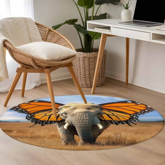 Funny Elephant 3.3ft Round Rug for Bedroom Reading Corner, Elephant with Butterfly Ears Grassland Washable Non Slip Circle Area Rug
