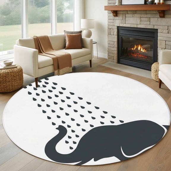 Funny Elephant 7ft Round Rug for Living Room Conversation Area, Elephant Bathing Shower Animal Silhouette Washable Non Slip Large Circle Area Rug