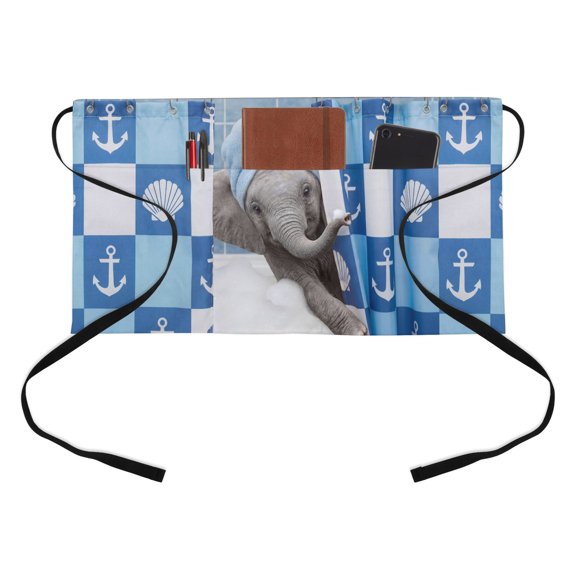 Funny Elephant Bathing Kitchen Restaurant Half Waist Apron, Shell Anchors Towel Modern Abstract Server Short Apron with 3 Pockets Waterproof Oil Waist Aprons for Women Waitress Waiter
