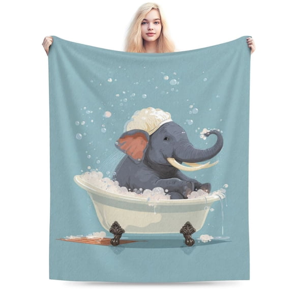 Funny Elephant Bathtub Throw Blanket, Whimsical Watercolor Bubble Art Soft Flannel Fleece Blankets 50x40