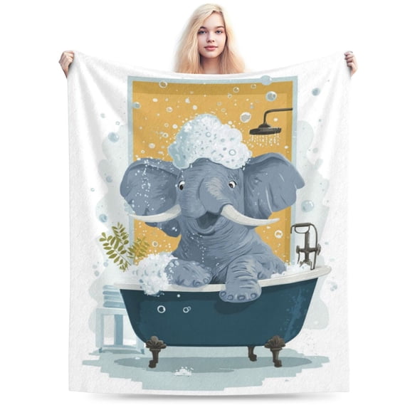 Funny Elephant Bathtub Throw Blanket, Whimsical Watercolor Bubble Art Soft Flannel Fleece Blankets 50x40