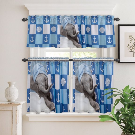 Funny Elephant Curtain Tier and Valance Set 3 Piece,Nautical Anchor Shell Blue Plaid 3-inch Rod Pocket Window Tier Curtains Valance for Kitchen Living Room