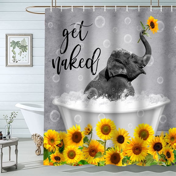 Funny Elephant Get Naked Shower Curtain Sets, Cute Animal Elephant with Sunflowers Grey Backdrop Bathroom Decor Bathtub Curtains, Waterproof Fabric Shower Curtains with Hooks, 69 x 70