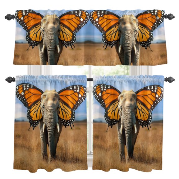 Funny Elephant Kitchen Curtains Set for Windows, Elephant with Butterfly Ears Grassland Curtains Valance and Tier 3 Piece Set Small Drapes 36 Inch Length for Kitchen Bedroom Decor